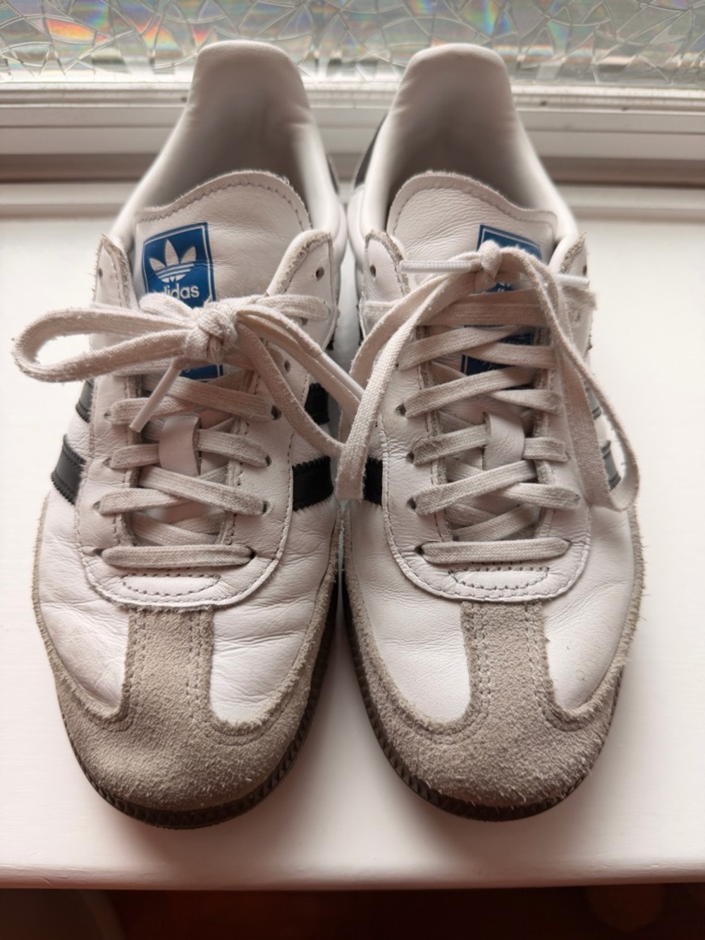 adidas Men’s White Sneakers with Black Stripes and Blue Tongue Logo